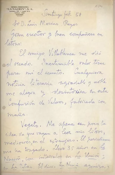 [Carta] 1958 febrero, Santiago, [Chile] [a] Luis Merino Reyes  [manuscrito] Joaquín Edwards Bello.