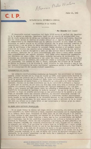 Extraordinaria importancia musical de Venezuela en la colonia  [manuscrito] Eduardo Lira Espejoa.