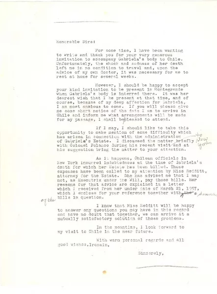[Carta] [1957], [New York] [a] Honorable Sirs.  [manuscrito] Doris Dana.