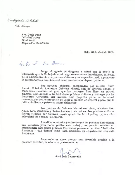 [Carta] 2003 abr. 28, Oslo, Noruega [a] Doris Dana, Florida  [manuscrito] José Luis Balmaceda.