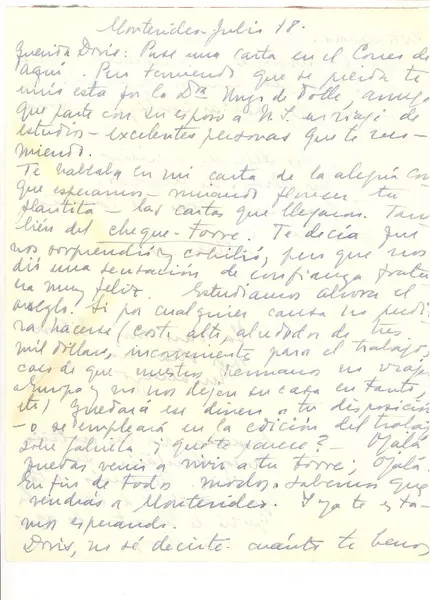 [Carta] [1960?] jul. 18, Montevideo, Uruguay [a] Doris Dana, [New York]  [manuscrito] Esther de Cáceres.