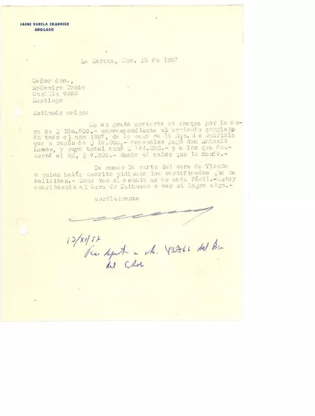 [Carta] 1957, nov. 13, La Serena, Chile [a] Radomiro Tomic, Santiago  [manuscrito] Jaime Varela Chadwick.