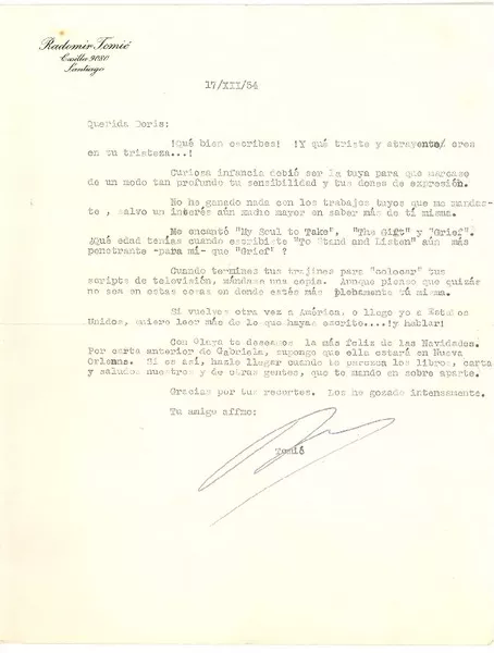 [Carta] 1954, dic, 17, Santiago, Chile [a] Doris Dana, [New York]  [manuscrito] Radomiro Tomic.