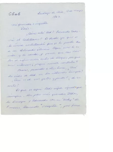 [Carta] 1963, mar. 10, Santiago, Chile [a] Doris Dana, [New York]  [manuscrito] M. del Cielo [Tomic].