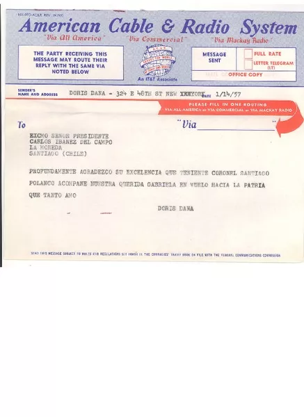 [Telegrama] 1957, ene. 14, New York [a] Carlos Ibáñez del Campo, Santiago, Chile  [manuscrito] Radomiro Tomic.