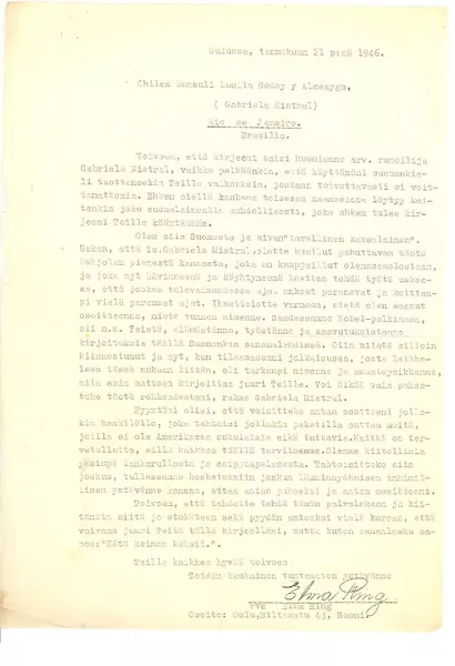 [Carta], 1946 p:nä 21, Oulussa, Tammikuun, Suomi [a] Gabriela Mistral, Río de Janeiro, Brasil  [manuscrito] Elma Ring.