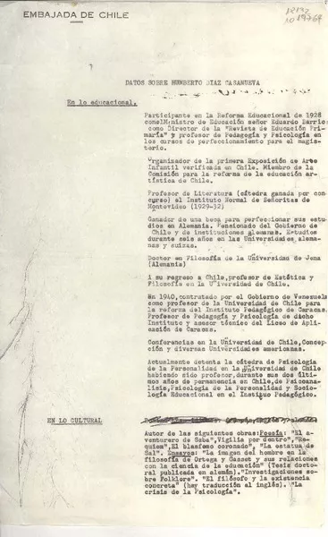 Datos sobre Humberto Díaz Casanueva  [manuscrito] Gabriela Mistral.