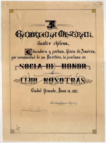 [Diploma] 1931 jun. 18, Ciudad Primada, [Santo Domingo], [República Dominicana] [a] Gabriela Mistral  [manuscrito] Club Nosotras.