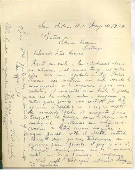 [Carta] 1927 may. 17, San Antonio, Chile [a] Luis Omar Cáceres  [manuscrito] Teresa de Valenzuela.