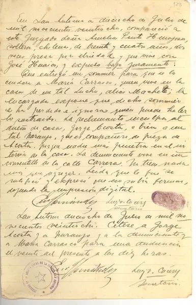 [Carta] 1928 jul. 18, San Antonio, Chile [a] [Juzgado Policial]  [manuscrito] Omar Cáceres.
