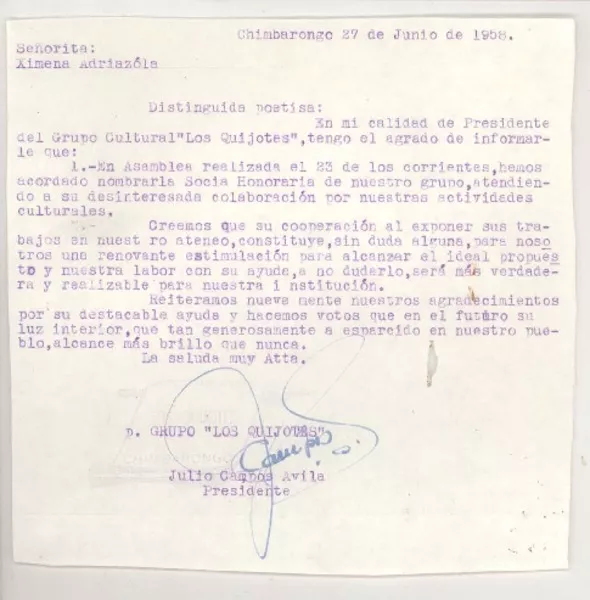 [Carta] 1958 jun. 27, Chimbarongo, Chile [a] Ximena Adriazola  [manuscrito] Julio Campos Ávila.