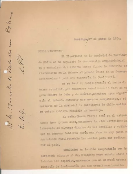 [Carta] 1954 ene. 27, Santiago, Chile [a] [Ministro de Relaciones Exteriores]  [manuscrito] Carlos Préndez Saldías.