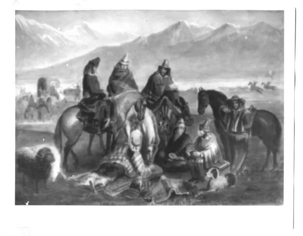 [Huasos descansando, hombres en sus caballos y otros sentados en el suelo, pintura titulada "Rodeo de huasos del Maule"]  [fotografía].