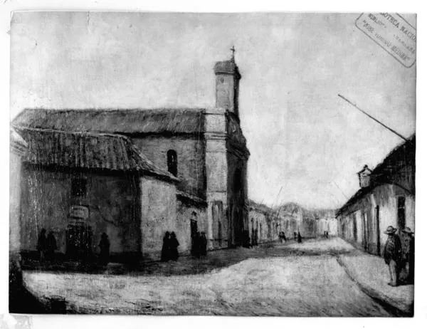 [Iglesia de la Vera Cruz, en la calle Latarria de Santiago. Grabado titulado "Casa de Pedro de Valdivia y capilla Vera Cruz"]  [fotografía].