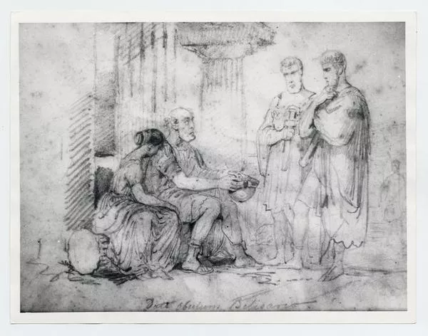 [Dibujo de dos hombres parados y otro sentado junto a una mujer, con vestimentas como romanos, de fondo unas columnas griegas]  [fotografía].