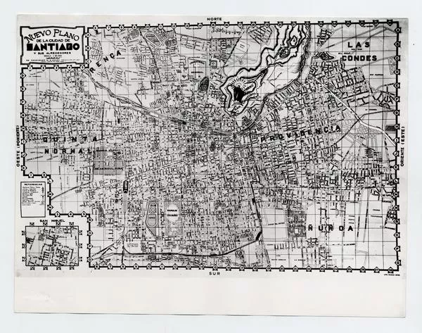 Nuevo plano de la Ciudad de Santiago y sus alrededores, 1943, Kegan  [fotografía] Lito. Kegan.