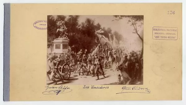 [Alegoría de la entrada del Ejército Constitucional a Santiago en 1891, se distinguen el General del Canto, Jorge Montt entre otros militares]  [fotografía].