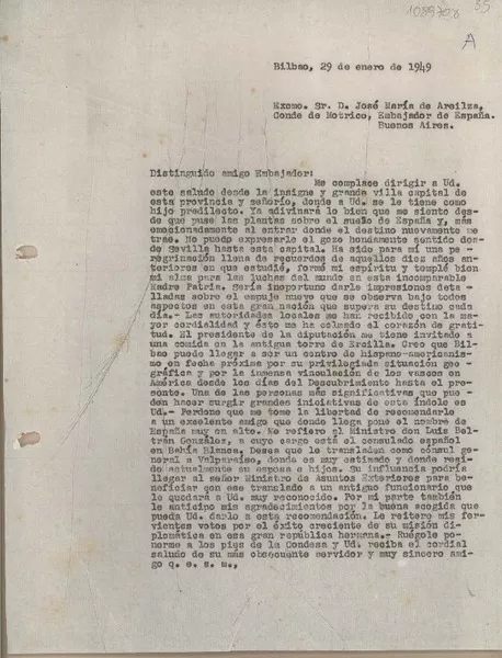 [Carta] 1949 enero 29, Bilbao, España [a] José María de Areilza Buenos Aires, Argentina  [manuscrito] Juan Mujica de la Fuente.