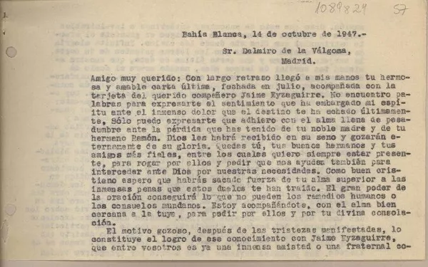 [Carta] 1947 octubre 14, Bahía Blanca, Argentina [a] Dalmiro de la Válgoma, Madrid [España]  [manuscrito] Juan Mujica de la Fuente.