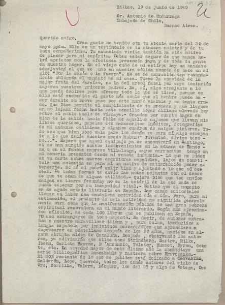 [Carta] 1949 junio 19, Bilbao, España [a] Antonio de Undurraga, Buenos Aires  [manuscrito] Juan Mujica de la Fuente.