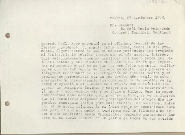 [Carta] 1950 diciembre 27, Bilbao, España [a] Raúl Marín Balmaceda, Santiago [Chile]  [manuscrito] Juan Mujica de la Fuente.