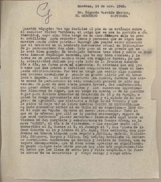 [Carta] 1949 noviembre 14, Mendoza, Argentina [a] Edgardo Garrido Merino, Santiago [Chile]  [manuscrito] Juan Mujica de la Fuente.