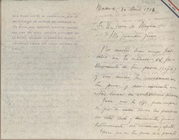 [Carta] 1936 abril 30, Madrid, España [a] Juan Mujica de la Fuente  [manuscrito] Dalmiro de la Válgoma y Díaz-Varela.