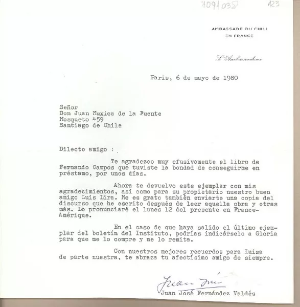 [Carta] 1980 mayo 6, Paris, Francia [a] Juan Mujica de la Fuente, Santiago [Chile]  [manuscrito] Juan José Fernández Valdés.