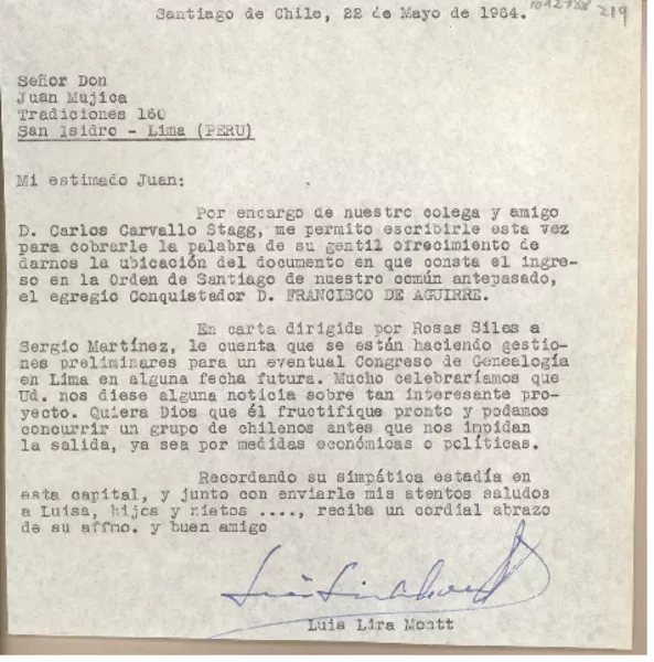 [Carta] 1964 mayo 22, Santiago, Chile [a] Juan Mujica, Lima, Perú  [manuscrito] Luis Lira Montt.