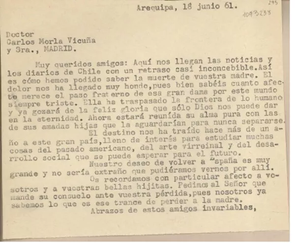 [Carta] 1961 junio 18, Arequipa, Perú [a] Carlos Morla Vicuña, Madrid, España  [manuscrito] Juan Mujica de la Fuente.