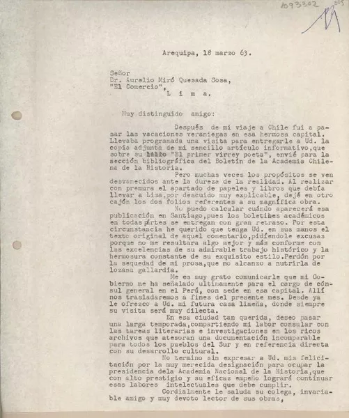 [Carta] 1963 marzo 18, Arequipa, Perú [a] Aurelio Miró-Quesada, Lima, Perú  [manuscrito] Juan Mujica de la Fuente.