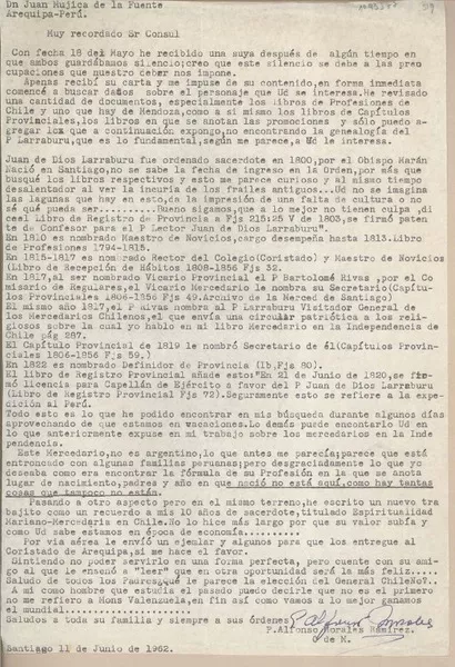 [Carta] 1962 junio 11, Santiago, Chile [a] Juan Mujica, Arequipa, Perú  [manuscrito] Alfonso Morales Ramírez.