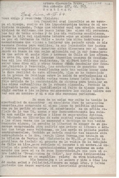[Carta] 1964 abril 16, Lima, Perú [a] Arturo Olavarría Bravo, Santiago, Chile  [manuscrito] Juan Mujica de la Fuente.