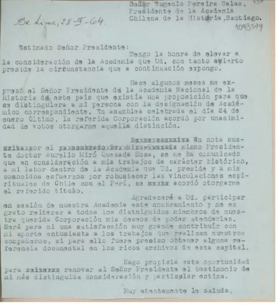 [Carta] 1964 enero 28, Lima, Perú [a] Eugenio Pereira Salas, Santiago, Chile  [manuscrito] Juan Mujica de la Fuente.