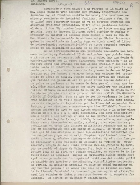 [Carta] 1971 febrero 18, Santiago, Chile [a] Rafael Reyes  [manuscrito] Juan Mujica de la Fuente.