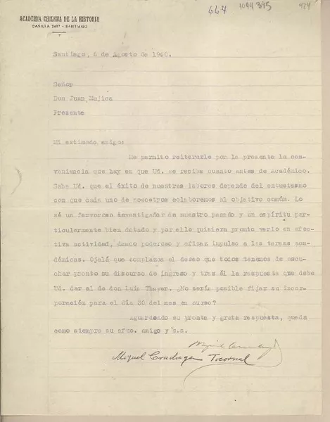 [Carta] 1940 agosto 6, Santiago, Chile [a] Juan Mujica de la Fuente  [manuscrito] Miguel Cruchaga Tocornal.