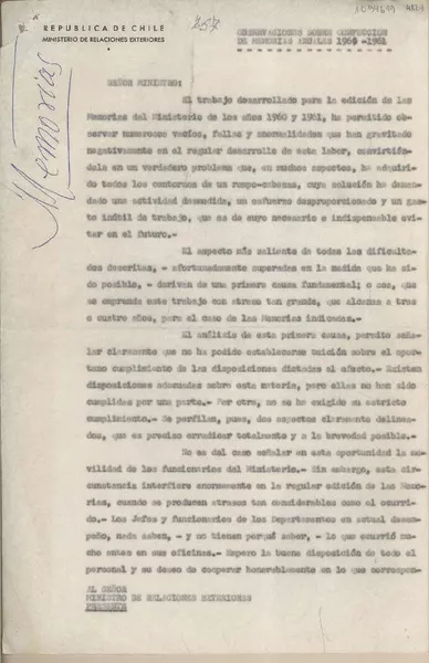 [Oficio] 1961, Santiago, Chile [al] Ministro de Relaciones Exteriores  [manuscrito] Eugenio González Holle.