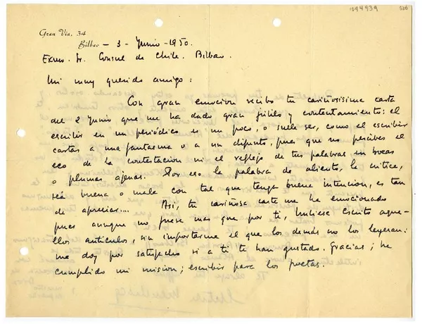 [Carta] 1950 junio 3, Bilbao, España [a] Juan Mujica de la Fuente  [manuscrito] Antonio Menchaca Careaga.