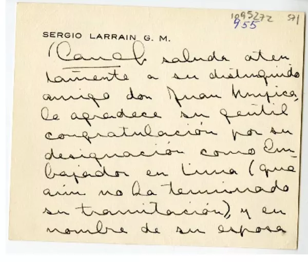 [Tarjeta] 1968 julio 29, Santiago, Chile [a] Juan Mujica de la Fuente, Lima, Perú  [Manuscrito] Sergio Larraín García Moreno.