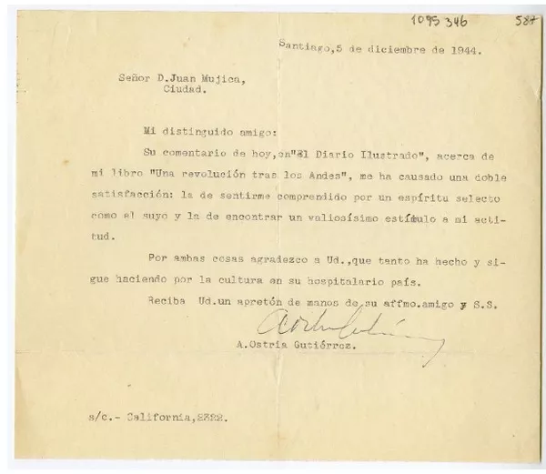 [Carta] 1944 diciembre 5, Santiago, Chile [a] Juan Mujica de la Fuente  [Manuscrito] Alberto Ostria Gutiérrez.