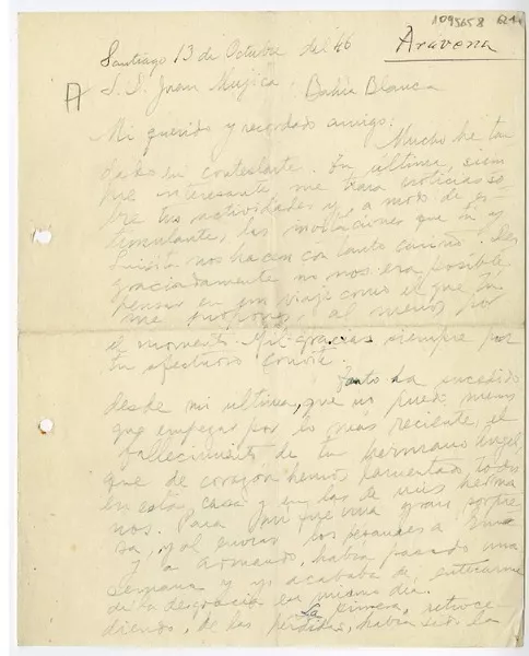 [Carta] 1946 octubre 13, Santiago, Chile [a] Juan Mujica, Bahía Blanca, Argentina  [manuscrito] Héctor Aravena González.