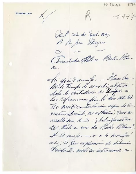 [Carta] 1947 septiembre 25, Santiago, Chile [a] Juan Mujica de la Fuente, Bahía Blanca, Argentina  [manuscrito] Emilio Rodríguez Mendoza.