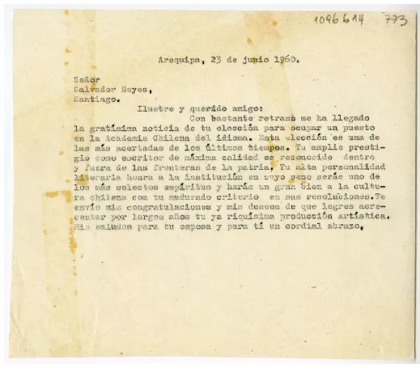 [Carta] 1960 junio 23, Arequipa, Perú [a] Salvador Reyes, Santiago, Chile  [manuscrito] Juan Mujica de la Fuente.