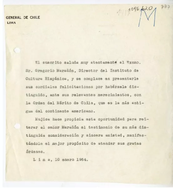 [Carta] 1964 enero 10, Lima, Perú [a] Gregorio Marañón, Madrid, España  [manuscrito] Juan Mujica de la Fuente.