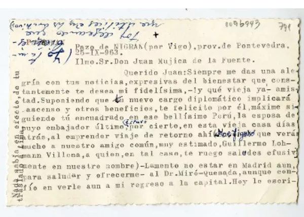 [Foto postal] 1963 octubre 25, Pazo de Nigran, Pontevedra, España [a] Juan Mujica de la Fuente, Lima, Perú  [manuscrito] Dalmiro de la Válgoma y Díaz-Varela.