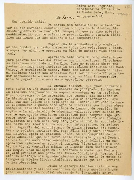 [Carta] 1963 noviembre 8, Lima, Perú [a] Pedro Lira Urquieta, Roma, Italia  [manuscrito] Juan Mujica de la Fuente.