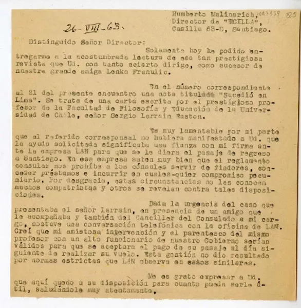 [Carta] 1963 agosto 26, Lima, Perú [a] Humberto Malinarich, Santiago, Chile  [manuscrito] Juan Mujica de la Fuente.