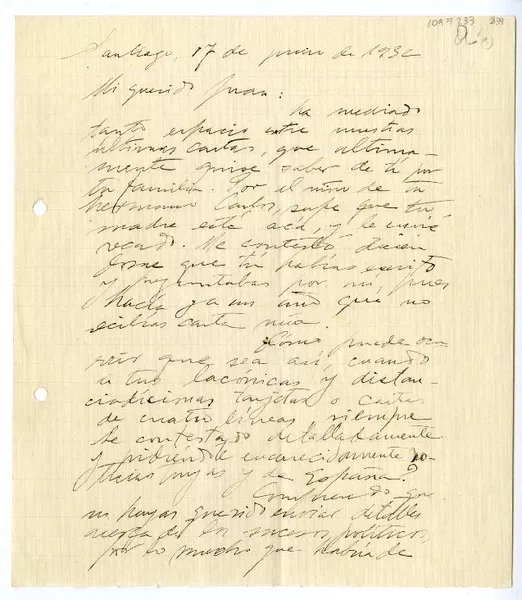 [Carta] 1932 junio 17, Santiago, Chile [a] Juan Mujica de la Fuente  [manuscrito] Héctor Aravena.