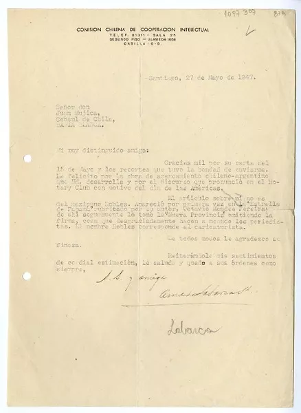 [Carta] 1947 mayo 27, Santiago, Chile [a] Juan Mujica de la Fuente, Bahía Blanca, Argentina  [manuscrito] Amanda Labarca.