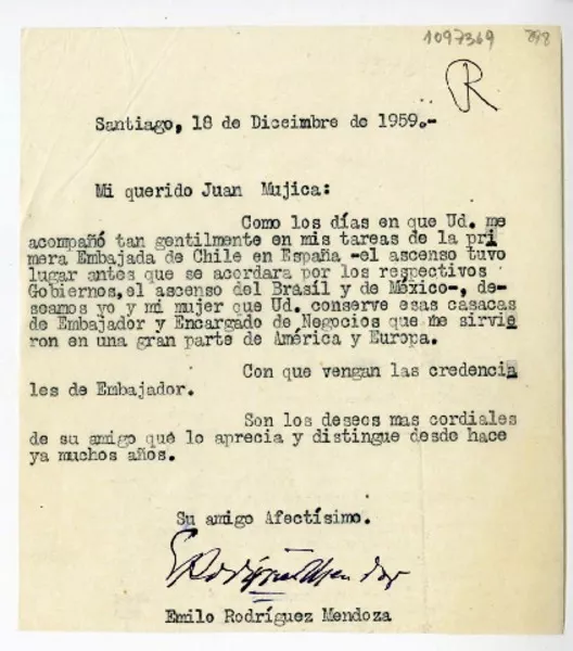 [Carta] 1959 diciembre 18, Santiago, Chile [a] Juan Mujica de la Fuente  [manuscrito] Emilio Rodríguez Mendoza.
